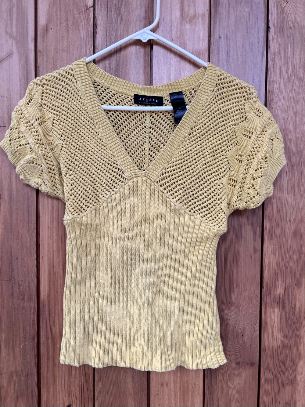 Axcess Liz Claiborne Yellow Cotton Mesh Pointelle Ribbed Knit Top Medium Boho